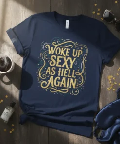 Navy blue t-shirt with gold glitter text "Woke Up Sexy As Hell Again" in ornate font