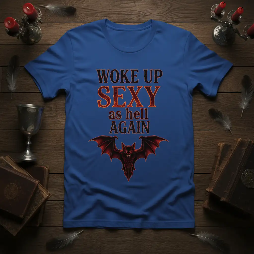 Woke Up Sexy as Hell Again quote with gothic bat illustration on a blue graphic t-shirt