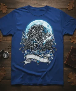 Wolf Moon Tribal Graphic T-Shirt featuring a detailed wolf head, flanking wolves, a full moon, and tribal patterns with a