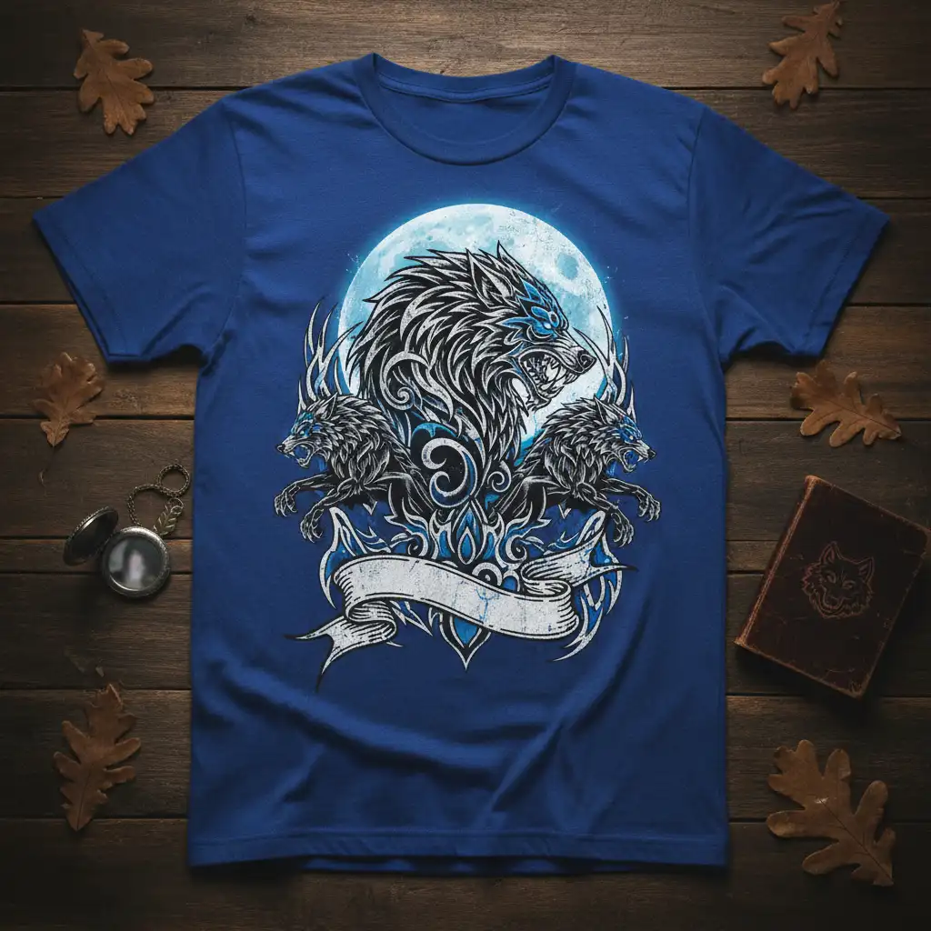 Detailed Wolf Moon Tribal Graphic T-Shirt design with central wolf head and flanking wolves under a moon