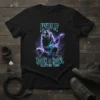 Wolf playing electric guitar with neon text "WOLF ROCK & HOWL ELECTRIC FURY" on black t-shirt
