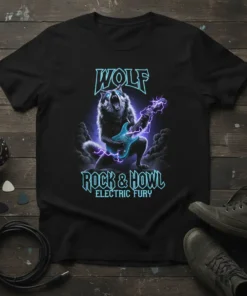 Wolf playing electric guitar with neon text "WOLF ROCK & HOWL ELECTRIC FURY" on black t-shirt