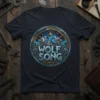 Wolf Song t-shirt design featuring two stylized wolves howling at a starry sky above mountains, with intricate circular border