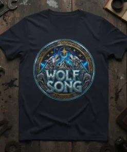 Wolf Song t-shirt design featuring two stylized wolves howling at a starry sky above mountains, with intricate circular border