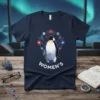 Geometric penguin design with "WOMEN'S" text and floral wreath on a navy blue t-shirt