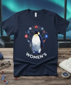 Geometric penguin design with "WOMEN'S" text and floral wreath on a navy blue t-shirt