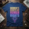 Women's Rights Are Human Rights text with neon geometric female symbol on a dark blue t-shirt