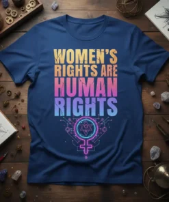 Women's Rights Are Human Rights text with neon geometric female symbol on a dark blue t-shirt