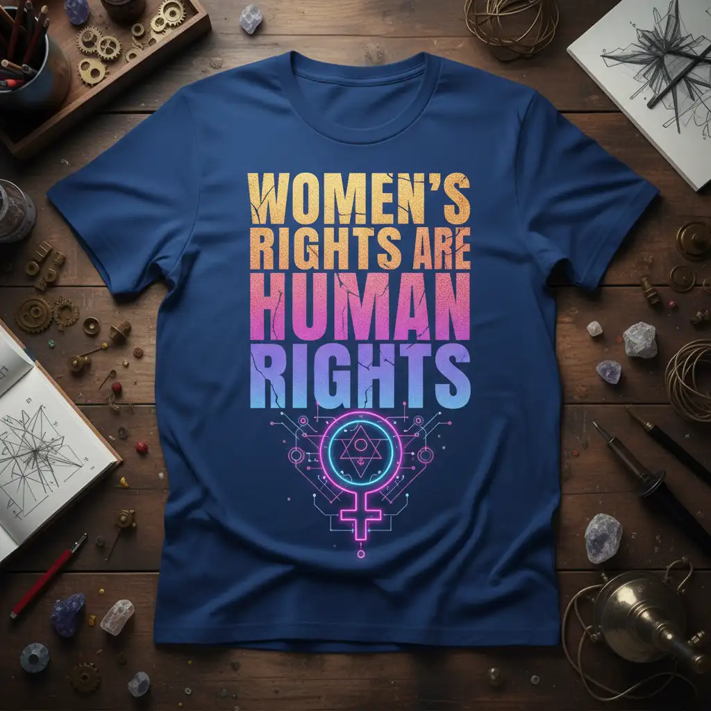 WOMEN'S RIGHTS ARE HUMAN RIGHTS text and neon female symbol design on a dark blue t-shirt
