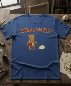 Womp Womp Bear T-Shirt with a vintage-style illustration of a bear holding a balloon and the text "Womp Womp"