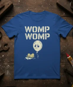 Womp Womp Sad Duck Balloon T-Shirt featuring distressed text and a sad cartoon duck with a balloon