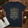 Christian t-shirt with the full text of Isaiah 9:6: "And His Name Shall Be Called Wonderful Counselor The Mighty God