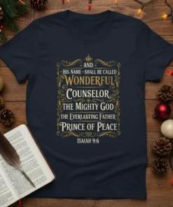 Christian t-shirt with the full text of Isaiah 9:6: "And His Name Shall Be Called Wonderful Counselor The Mighty God