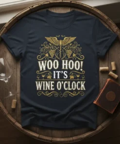 Woo Hoo! It's Wine O'Clock quote on a dark navy t-shirt with golden ornate design and wine glass graphics