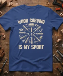 Wood Carving Is My Sport t-shirt with vintage style carving tools illustration and distressed text