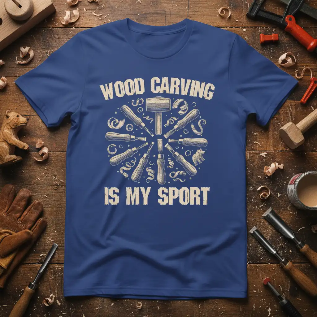 WOOD CARVING IS MY SPORT text with vintage carving tools graphic on a blue t-shirt