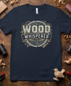 Wood Whisperer T-Shirt design featuring rustic typography and woodworking tools graphic on navy blue fabric