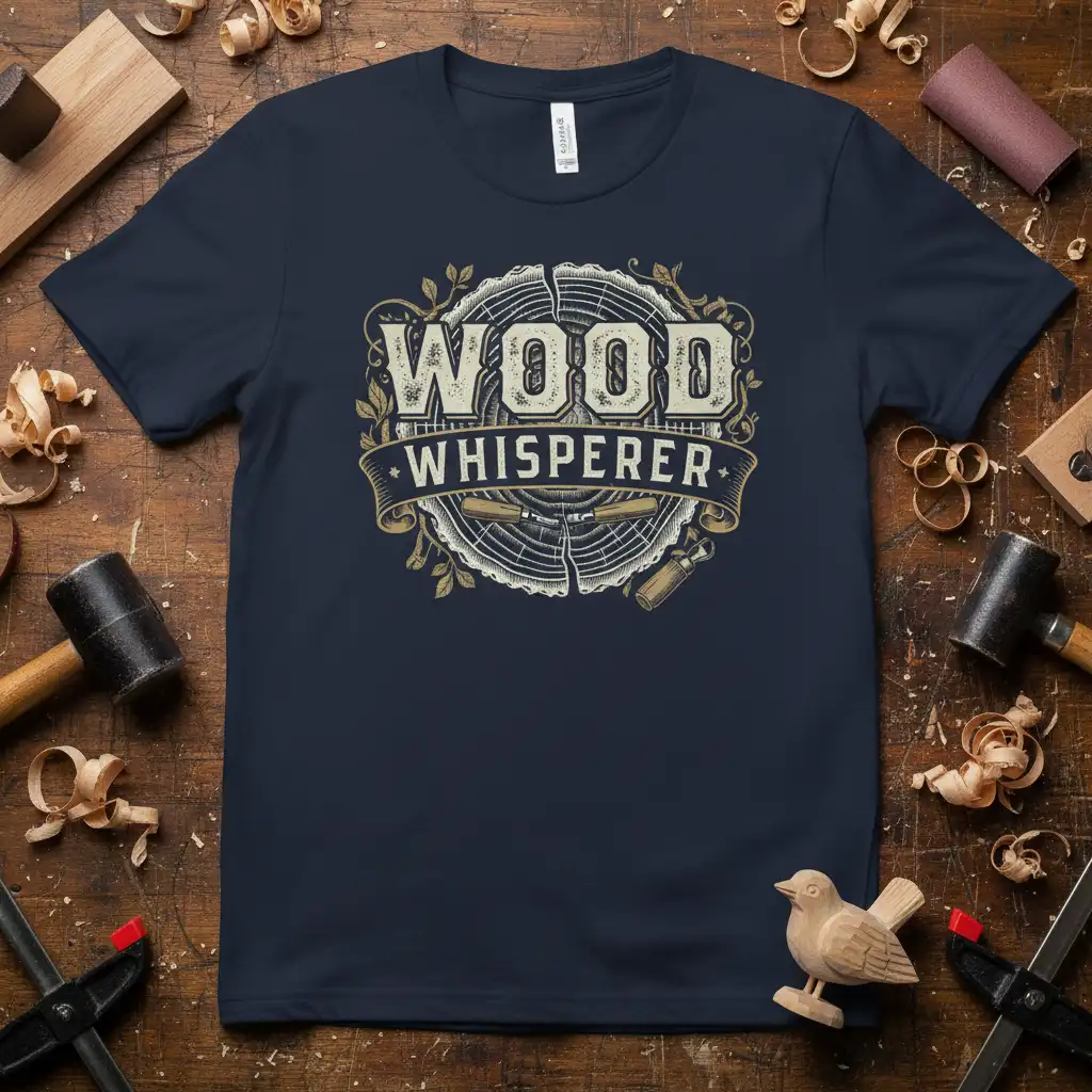 Rustic Wood Whisperer text design with wood grain and carpentry tools, ideal for woodworker gift