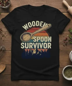 Wooden Spoon Survivor text with a vintage sunset graphic and a wooden spoon illustration on a black t-shirt