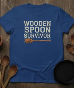 Wooden Spoon Survivor text with a graphic of a wooden spoon on a blue t-shirt