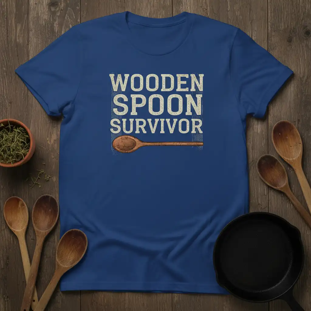 Wooden Spoon Survivor text with a graphic of a wooden spoon on a blue t-shirt for chefs
