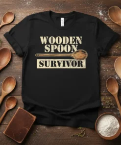 Wooden Spoon Survivor funny cooking quote t-shirt with graphic of a wooden spoon