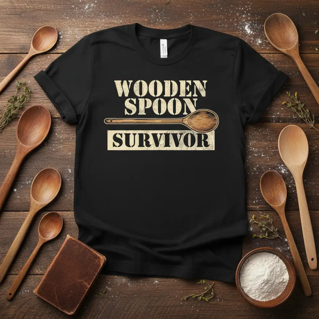 Wooden Spoon Survivor funny cooking quote t-shirt design with distressed typography and wooden spoon graphic