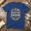 Wooden Spoon Survivor text with graphic of various wooden spoons and flames, on a blue t-shirt