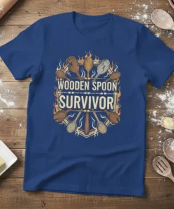 Wooden Spoon Survivor text with graphic of various wooden spoons and flames, on a blue t-shirt