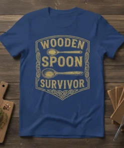 Wooden Spoon Survivor funny quote t-shirt with vintage spoon graphics and distressed text
