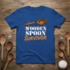 Wooden Spoon Survivor t-shirt design with cracked wooden spoon graphic and distressed text