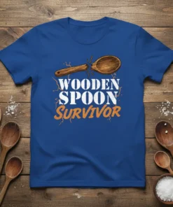 Wooden Spoon Survivor t-shirt design with cracked wooden spoon graphic and distressed text