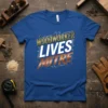 WOODWORKER LIVES MITRE text design on a blue t-shirt, ideal for carpenters and woodworking enthusiasts