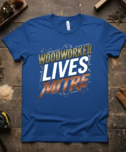WOODWORKER LIVES MITRE text design on a blue t-shirt, ideal for carpenters and woodworking enthusiasts