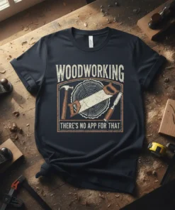 Woodworking There's No App For That t-shirt featuring a saw, hammer, and chisel graphic