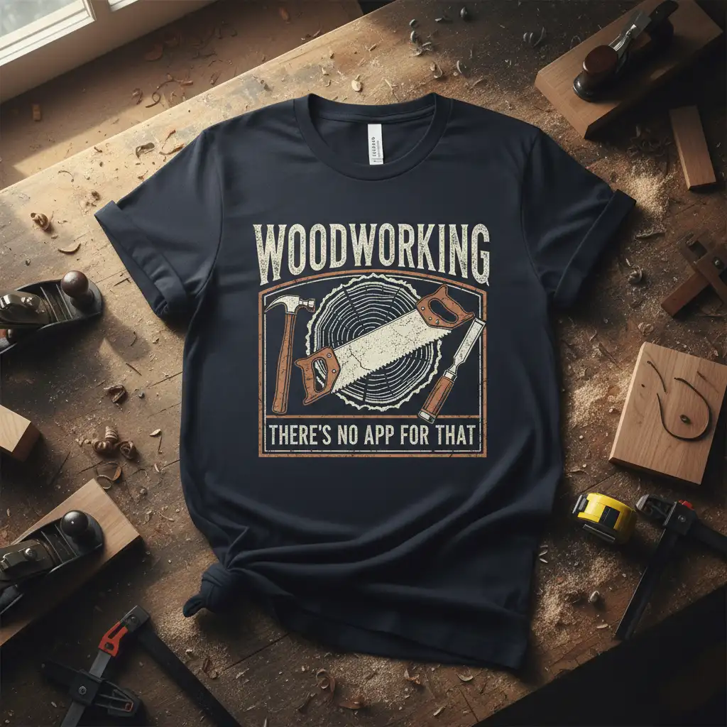 WOODWORKING THERE'S NO APP FOR THAT quote with tools graphic on a dark t-shirt