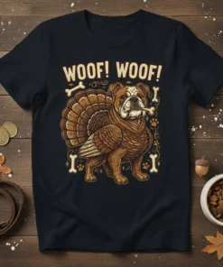 Bulldog dressed as a turkey with "WOOF! WOOF!" text and bones graphic on a navy t-shirt