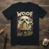 Woof And Slurp text with a Shih Tzu dog eating ramen noodles, on a black t-shirt