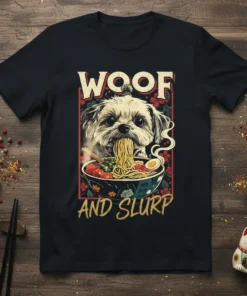 Woof And Slurp text with a Shih Tzu dog eating ramen noodles, on a black t-shirt