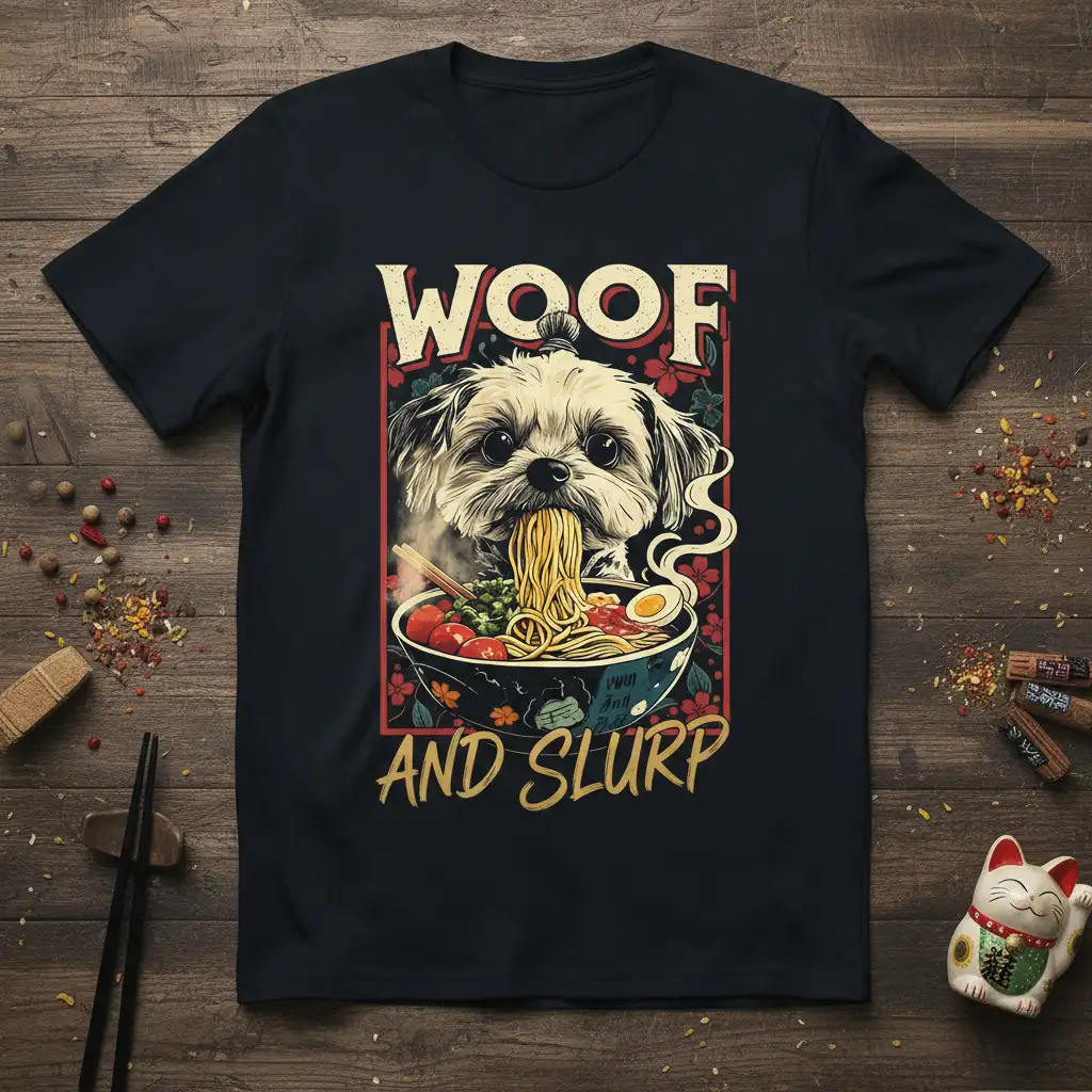 Woof And Slurp text graphic featuring a Shih Tzu dog eating ramen noodles on a dark t-shirt