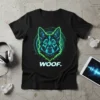 WOOF. text and cyberpunk German Shepherd graphic on a black t-shirt, featuring neon green and blue geometric lines