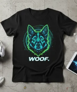 WOOF. text and cyberpunk German Shepherd graphic on a black t-shirt, featuring neon green and blue geometric lines