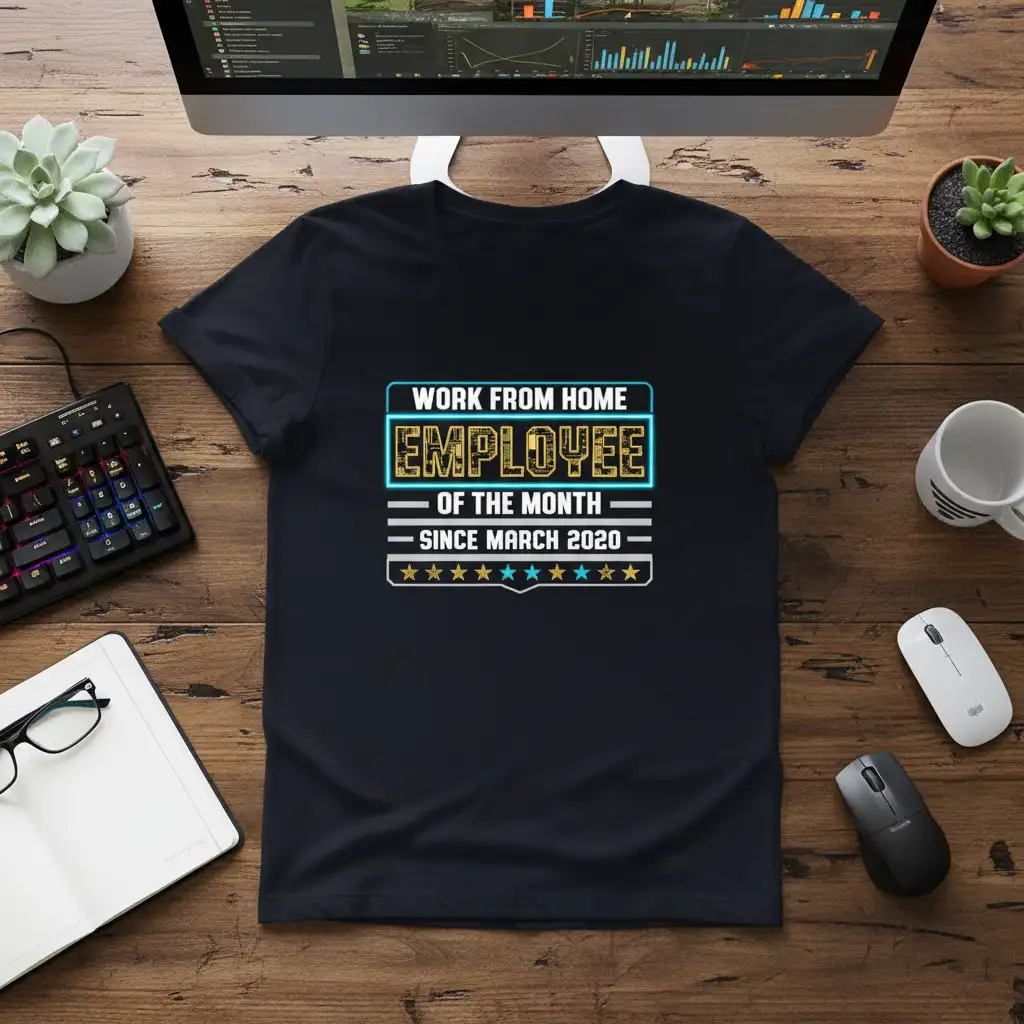 Work From Home Employee of the Month Since March 2020 quote on a black t-shirt