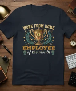 Work From Home Employee of the Month trophy design with laurel leaves and ribbons on a navy t-shirt
