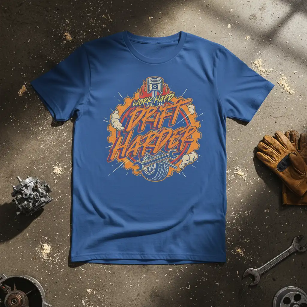 Work Hard Drift Harder quote with piston and tire on a blue graphic tee