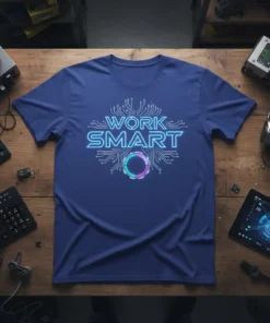 Work Smart t-shirt with circuit board design in neon blue and purple, featuring the words Work Smart