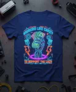 Neon graphic of a robotic hand holding money with text "WORKING LIKE CRAZY TO SUPPORT THE LAZY WAS IT WORTH