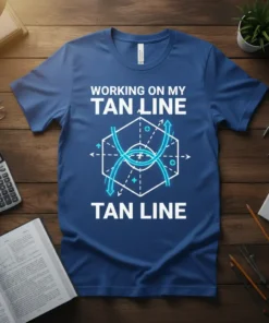 Blue t-shirt with "WORKING ON MY TAN LINE TAN LINE" text and hexagonal math graph design