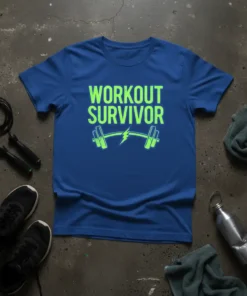 Blue t-shirt with green text "Workout Survivor" and dumbbell graphic, representing a fitness accomplishment