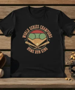 World Series Champions Home Run King text design on a black t-shirt featuring vintage baseball graphics and crossed bats